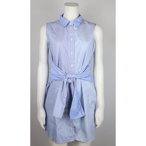 WOMEN'S BLUE STRIPED SLEEVELESS BELTED SHIRT DRESS - TRUE DESTINY - SIZE M - Picture 3 of 9